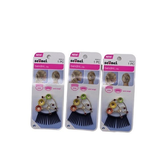 3-Pack Scunci Bendini Hair Clip Medium with Flowers Yellow Pink & Green 39093-A - Picture 1 of 6